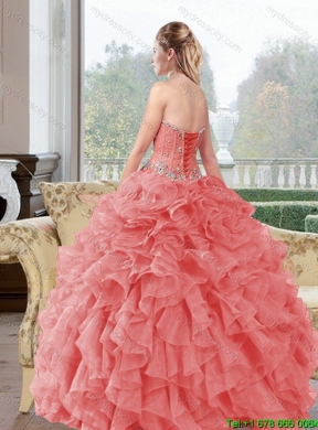 2015 Popular Beading and Ruffles Quinceanera Dresses in Watermelon