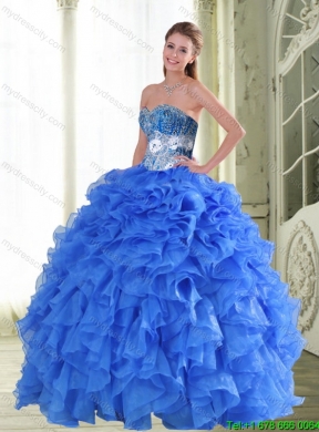 Beautiful Beading and Ruffles Sweetheart Blue Quinceanera Dresses for 2015 Spring