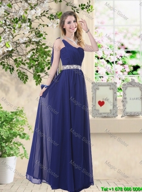 Cheap One Shoulder Floor Length Dama Dresses in Navy Blue