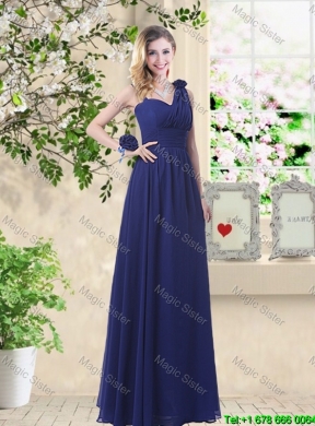 Cheap One Shoulder Floor Length Dama Dresses in Navy Blue