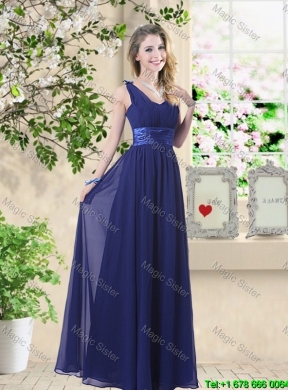 Cheap One Shoulder Floor Length Dama Dresses in Navy Blue