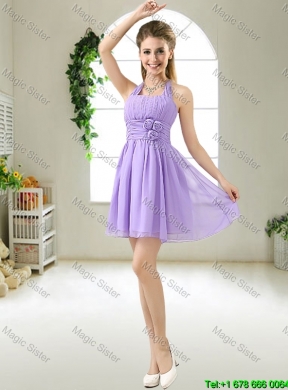 Modest Halter Top Hand Made Flowers Dama Dresses in Purple