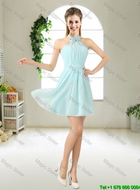 Cheap Halter Top Belt Light Blue Dama Dresses for 2016