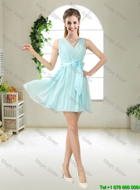 Cheap Halter Top Belt Light Blue Dama Dresses for 2016