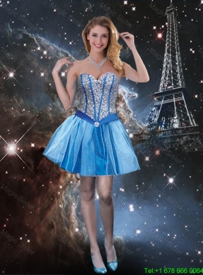 Exquisite Sweetheart Beaded Blue Dama Dresses with Mini Length