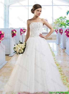 Elegant A Line Brush Train Wedding Dresses with Beading