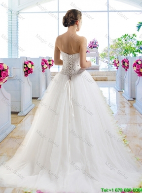 Elegant A Line Brush Train Wedding Dresses with Beading