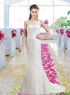 Luxurious Column Scoop Court Train Bridal Gowns with Lace