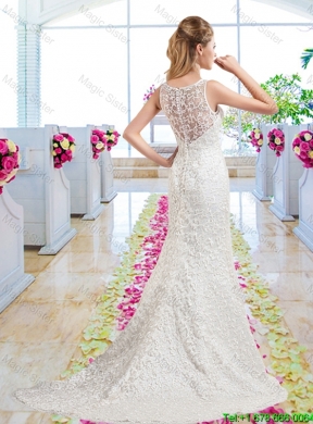 Luxurious Column Scoop Court Train Bridal Gowns with Lace