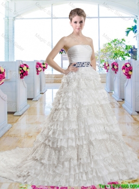 Popular Belt and Laced Bridal Gowns with Ruffled Layers