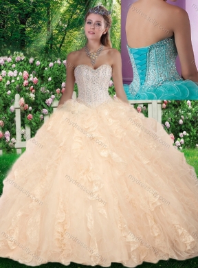 Cheap Champagne Ball Gown Beading and Ruffles Sweet 16 Gowns for Fall