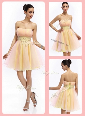 Beautiful Short Strapless Lace Up Prom Dresses with Beading and Ruching