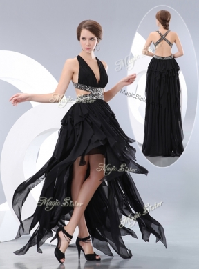 Beautiful Style V Neck High Low Prom Dresses in Black