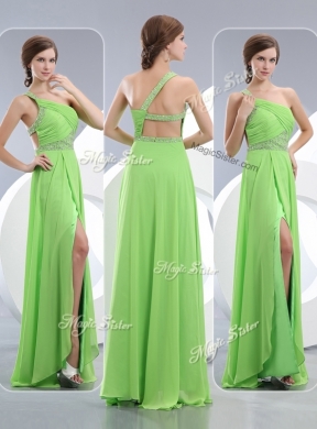 Elegant One Shoulder Spring Green Designer Prom Dresses with High Slit