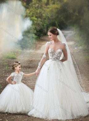 new style see through long sleeves wedding dresses with appliques and lovely big puffy flower girl dress with hand made flowers 1123 0