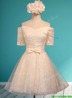 Pretty Off the Shoulder Short Sleeves Champagne Mother Dress with Bowknot