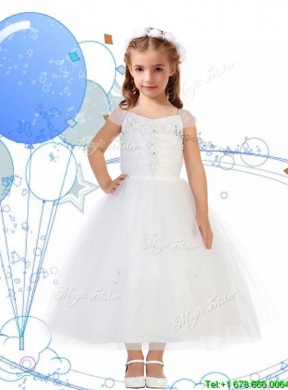 Top Selling Square Cap Sleeves Appliques Girls Party Dress in White