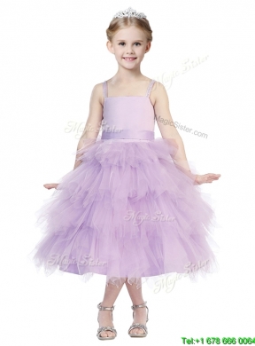 Beautiful Spaghetti Straps Lavender Mini Quinceanera Dress with Beading and Ruffled Layers