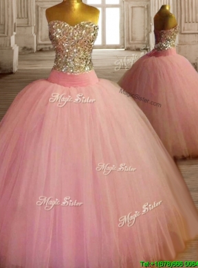 New Style Beaded Bodice Baby Pink Sweet 16 Dress in Tulle