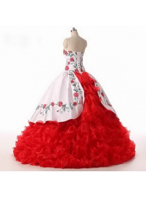 Sexy White and Red Sleeveless Floor Length Embroidery and Ruffled Layers Lace Up Quince Ball Gowns