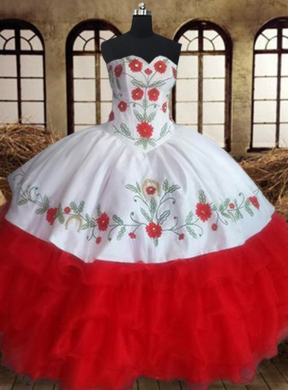 Sexy White and Red Sleeveless Floor Length Embroidery and Ruffled Layers Lace Up Quince Ball Gowns