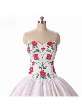 Sexy White and Red Sleeveless Floor Length Embroidery and Ruffled Layers Lace Up Quince Ball Gowns