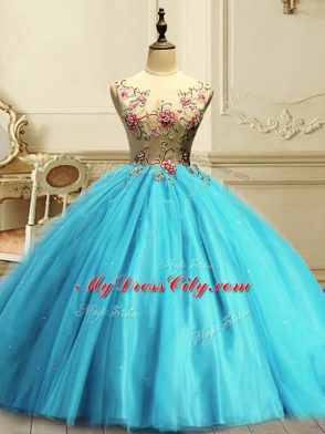 Spectacular Aqua Blue Scoop Lace Up Appliques and Sequins Quince Ball Gowns Sleeveless