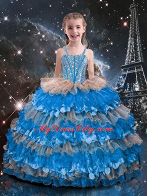 Enchanting Floor Length Lace Up Party Dress Baby Blue for Quinceanera and Wedding Party with Beading and Ruffled Layers