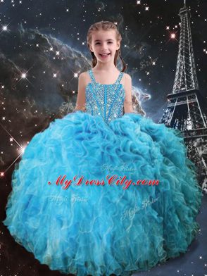 Perfect Aqua Blue Sleeveless Organza Lace Up Party Dress for Quinceanera and Wedding Party