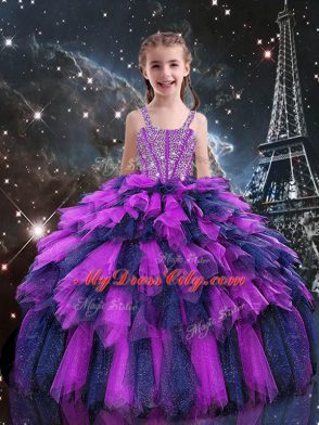 Straps Sleeveless Lace Up Pageant Gowns For Girls Eggplant Purple Tulle