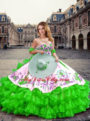 Comfortable Green Lace Up Quinceanera Dresses Embroidery and Ruffled Layers Sleeveless Floor Length