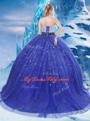 Most Popular Royal Blue Lace Up Strapless Beading and Sequins Vestidos de Quinceanera Tulle Sleeveless