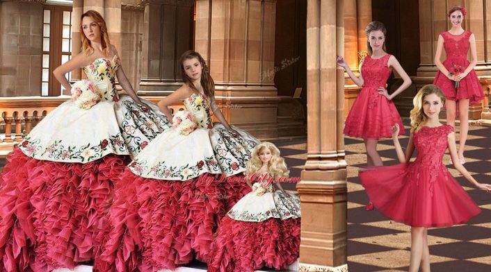 Fantastic Lace Up Sweet 16 Dress White And Red for Military Ball and Sweet 16 and Quinceanera with Embroidery and Ruffles Brush Train