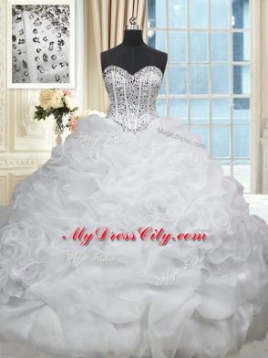Custom Made Sleeveless Beading and Pick Ups Lace Up Ball Gown Prom Dress with White Brush Train