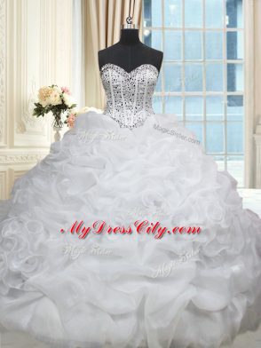 Custom Made Sleeveless Beading and Pick Ups Lace Up Ball Gown Prom Dress with White Brush Train