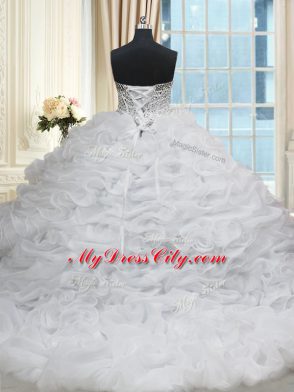 Custom Made Sleeveless Beading and Pick Ups Lace Up Ball Gown Prom Dress with White Brush Train