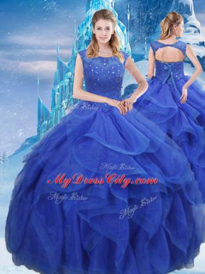 Ruffles and Sequins Ball Gown Prom Dress Royal Blue Lace Up Sleeveless Floor Length