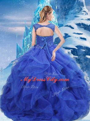 Ruffles and Sequins Ball Gown Prom Dress Royal Blue Lace Up Sleeveless Floor Length