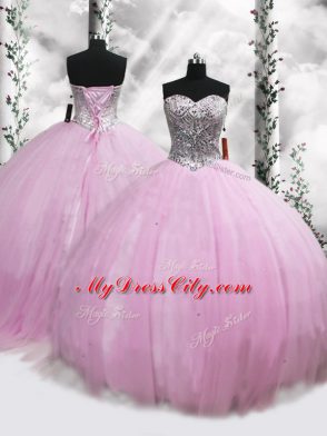 Fashionable Lilac 15th Birthday Dress Military Ball and Sweet 16 and Quinceanera with Beading Sweetheart Sleeveless Brush Train Lace Up