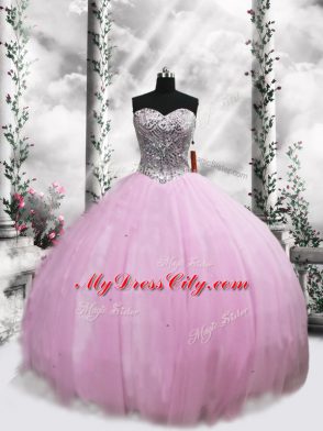 Fashionable Lilac 15th Birthday Dress Military Ball and Sweet 16 and Quinceanera with Beading Sweetheart Sleeveless Brush Train Lace Up
