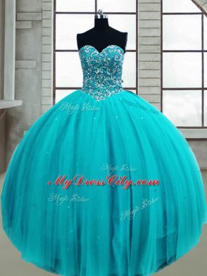 Latest Floor Length Lace Up Quince Ball Gowns Aqua Blue for Military Ball and Sweet 16 and Quinceanera with Beading