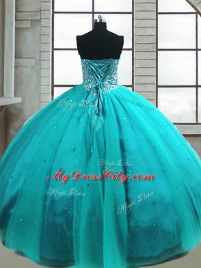 Latest Floor Length Lace Up Quince Ball Gowns Aqua Blue for Military Ball and Sweet 16 and Quinceanera with Beading