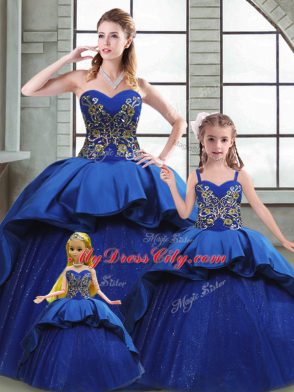 Blue Sleeveless Court Train Beading and Appliques and Embroidery Sweet 16 Dress