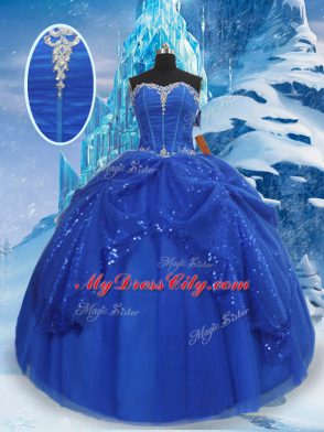 Free and Easy Floor Length Royal Blue Sweet 16 Quinceanera Dress Tulle Sleeveless Beading and Pick Ups