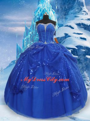 Free and Easy Floor Length Royal Blue Sweet 16 Quinceanera Dress Tulle Sleeveless Beading and Pick Ups