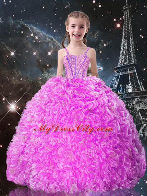 Fuchsia Sleeveless Beading and Ruffles Floor Length Pageant Dress for Girls