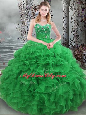 Organza Sweetheart Sleeveless Lace Up Beading and Ruffles 15 Quinceanera Dress in Green