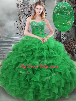Organza Sweetheart Sleeveless Lace Up Beading and Ruffles 15 Quinceanera Dress in Green