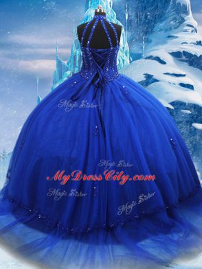 Delicate Beading and Ruffles Vestidos de Quinceanera Royal Blue Lace Up Sleeveless Brush Train