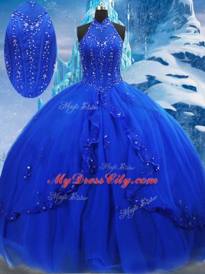 Delicate Beading and Ruffles Vestidos de Quinceanera Royal Blue Lace Up Sleeveless Brush Train
